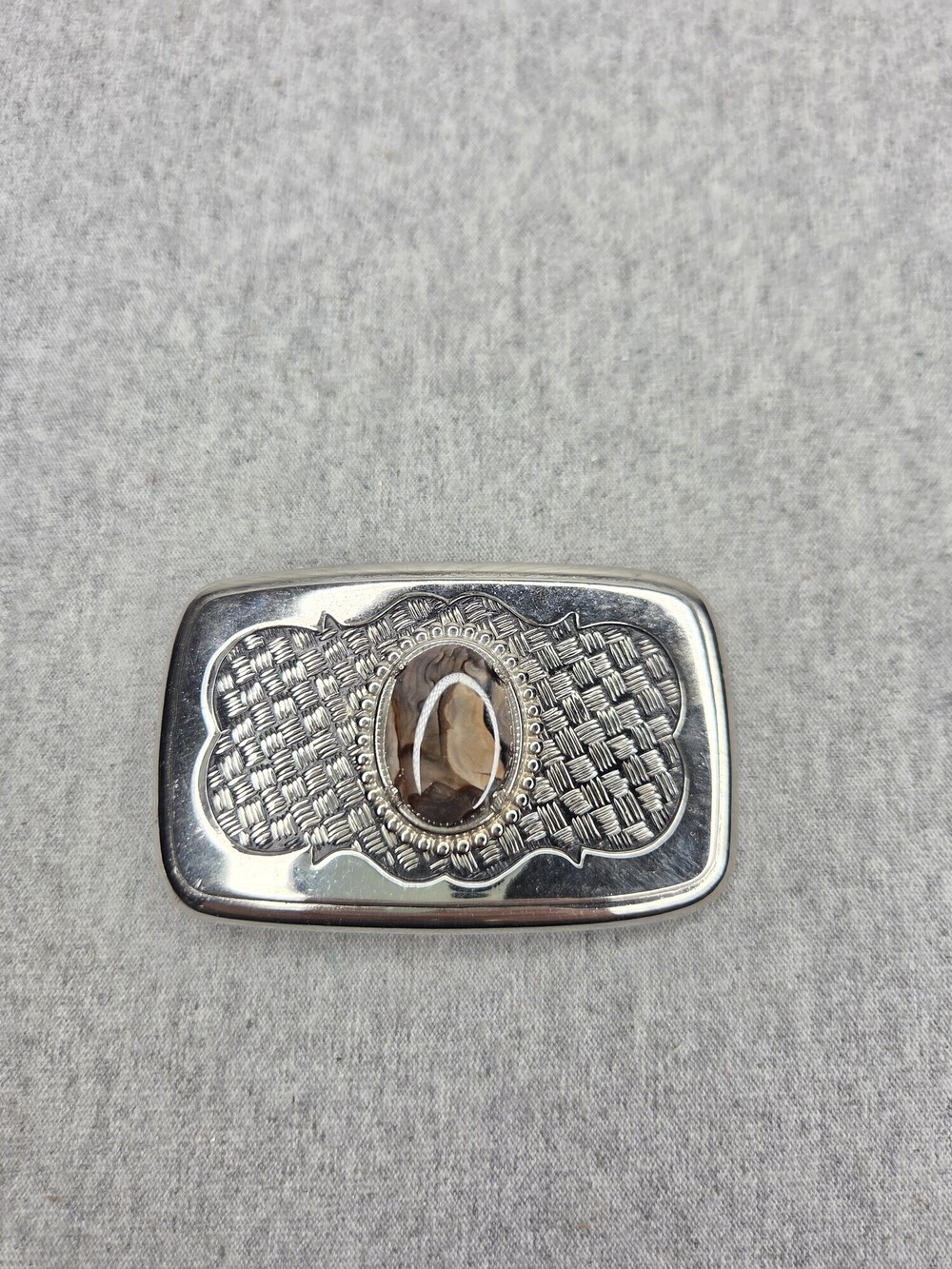 Vintage Womens Silver Banded Jasper Cabochon Belt Buckle Ornate Woven Texture